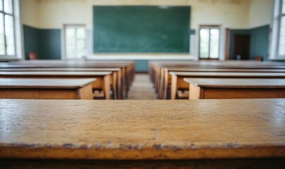 Empty Classroom with Desks and Chalkboard Ready for Students