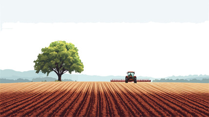 The image shows a wide, flat field of freshly plowed reddish-brown soil, exhibiting clear parallel lines indicating recent tillage. A lone, full, green deciduous tree stands prominently on