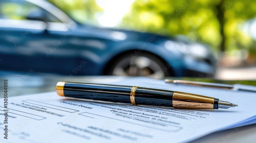 Poster close up view of a elegant pen resting on a formal document or contract signaling a professional and