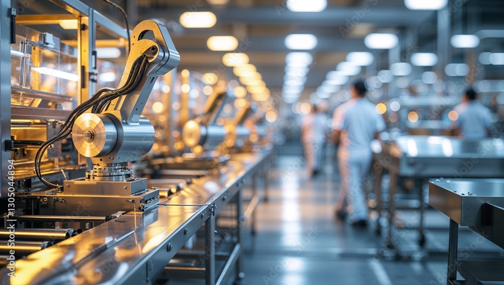 Poster modern industrial facility showcasing advanced robotic arms working efficiently on an assembly line 