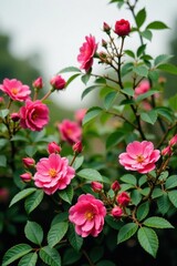Vibrant Pink Roses in Full Bloom on a Lush Green Bush, a Stunning Display of Natural Beauty