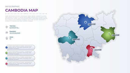 Naklejka premium Total Area, Papulation, States & More Detailed Infographic Map of Cambodia. Cambodia country map infographic colored vector template with regions and pointer marks.