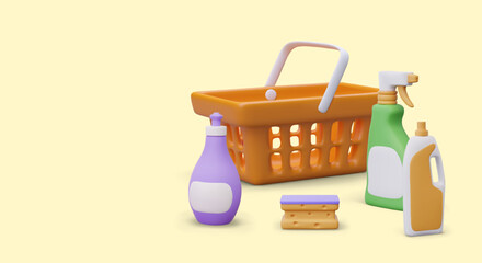 Advertisement of store with detergents and cleaning tools. Vector composition in 3D style. Shopping cart, plastic bottles with empty labels, spray, sponge