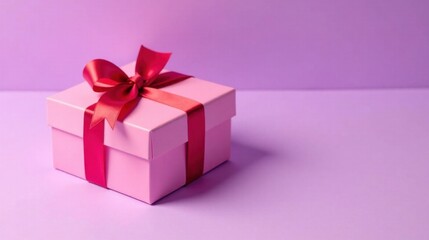 Obraz premium A delicately wrapped pink gift box with a vibrant crimson ribbon, a thoughtful present for a special occasion