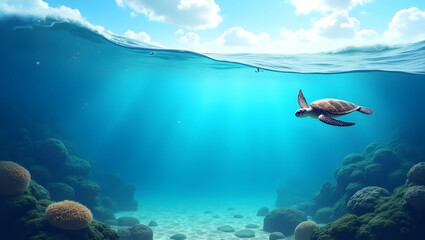 Fototapeta premium Graceful Sea Turtles and Dynamic Ocean Waves Frame for Marine Conservation on World Environment Day