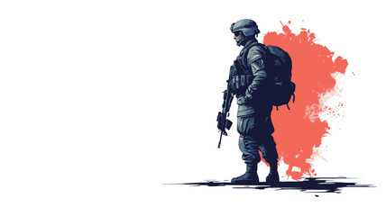 The image is a digital illustration depicting a stylized silhouette of a soldier. The soldier is standing in profile view, facing right, with a backpack and what appears to be a rifle. The