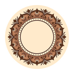 Circular decorative frame with an intricate floral and swirl pattern in brown and beige tones, isolated on a white background.