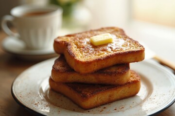 A Stack of French Toast Sitting on a Plate Next to a Cup of Coffee - Generative AI