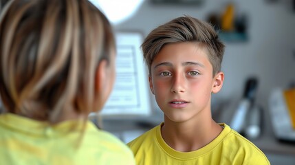 Fototapeta premium A child attempts to decipher a blurred eye chart in a clinical exam room, highlighting the challenges of vision assessment. The soft light creates an atmosphere of uncertainty