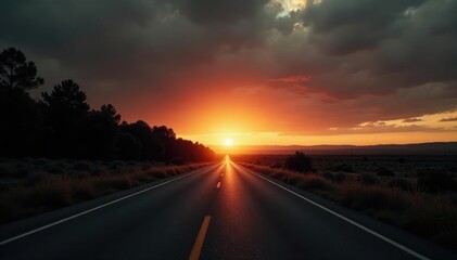 Deserted highway at dusk with trees fading out, sunset, black and white landscape