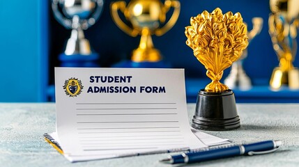 Student admission form with a gold trophy in the background, symbolizing achievement in education.