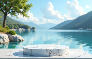 Fototapeta premium A 3d Marble Podium Stands On A Stone Platform In Front Of A Serene Water And Summer Scenery Mockup With Blue Tones.