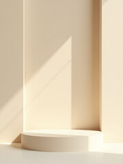 A 3d Background Features Beige Tones, A Podium, And An Abstract Geometric Composition With Play Of Light And Shadow On A Minimalist Design.
