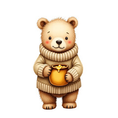 Cute little Teddy Bear in sweater holding a pot with honey