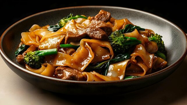 Pad See Ew: A close-up shot of a plate of Pad See Ew noodles, a popular dish in Southeast Asian cuisine, showcasing the rich colors and textures of the ingredients.