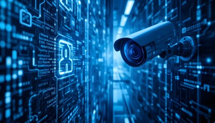 Surveillance Camera Monitoring Data Security in a High-Tech Digital Environment with Blue Light Effects