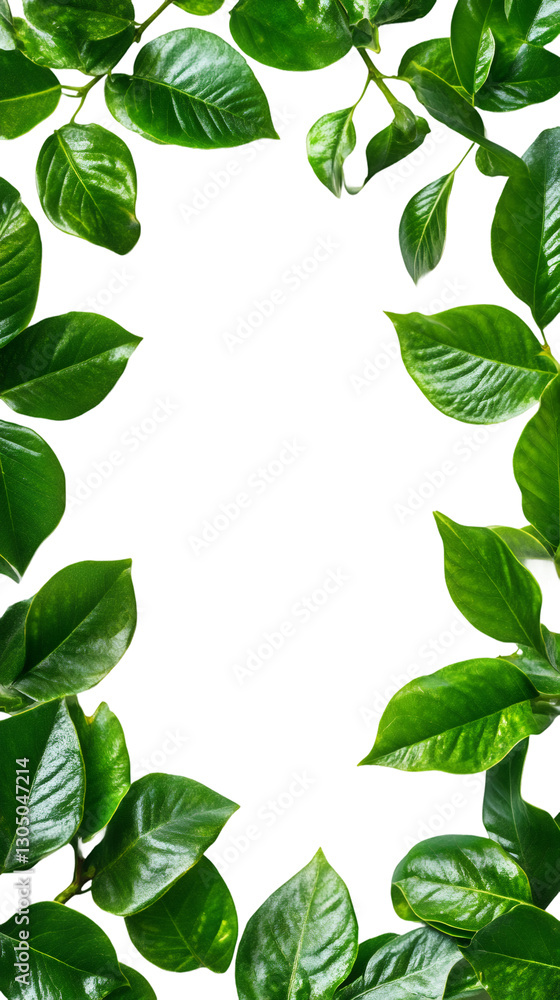 Poster green botanical leaves creating vertical organic frame with transparent backdrop, showcasing natural