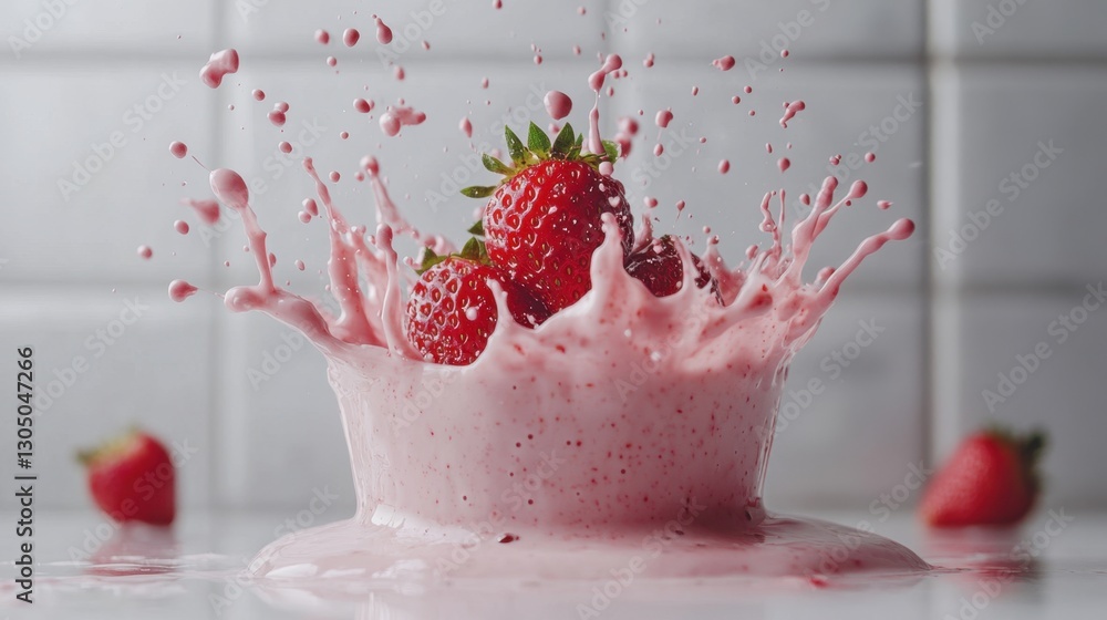 Poster captivating splash of strawberry smoothie with fresh strawberries against a tiled background creatin