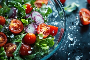 Fresh summer salad with cherry tomatoes red onion and lettuce in glass bowl with water splash healthy eating concept