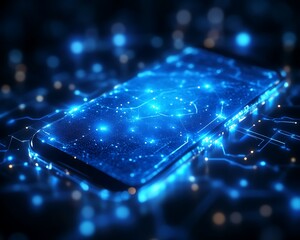 Obraz premium Glowing phone circuits on dark surface