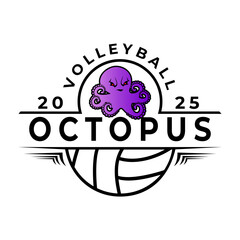 Volleyball with Octopus mascot logo design template. Octopus sports logo icon