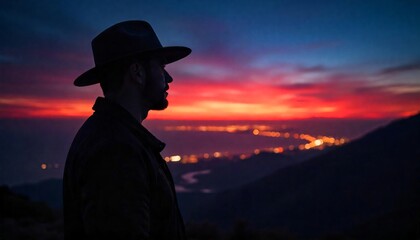 Fototapeta premium Silhouette of Man at Sunset: A lone figure, silhouetted against a vibrant sunset, gazes out over a sprawling cityscape nestled in the valleys below.