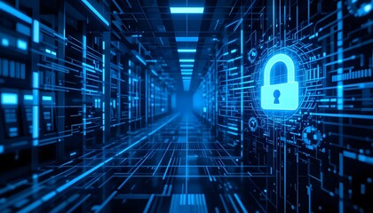 Futuristic Data Center with Digital Lock Icon Symbolizing Cybersecurity and Data Protection Concepts