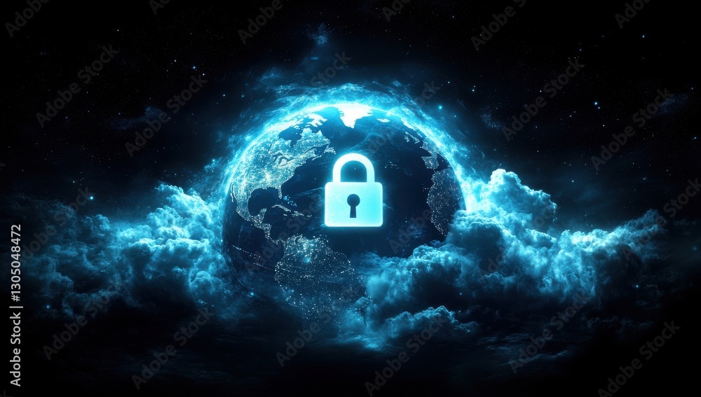 Poster secure digital world with lock symbol floating above the earth surrounded by illuminated clouds and 