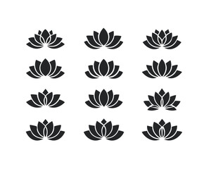Fototapeta premium Black lotus flower icons, minimalist designs, flower symbols, set of 9