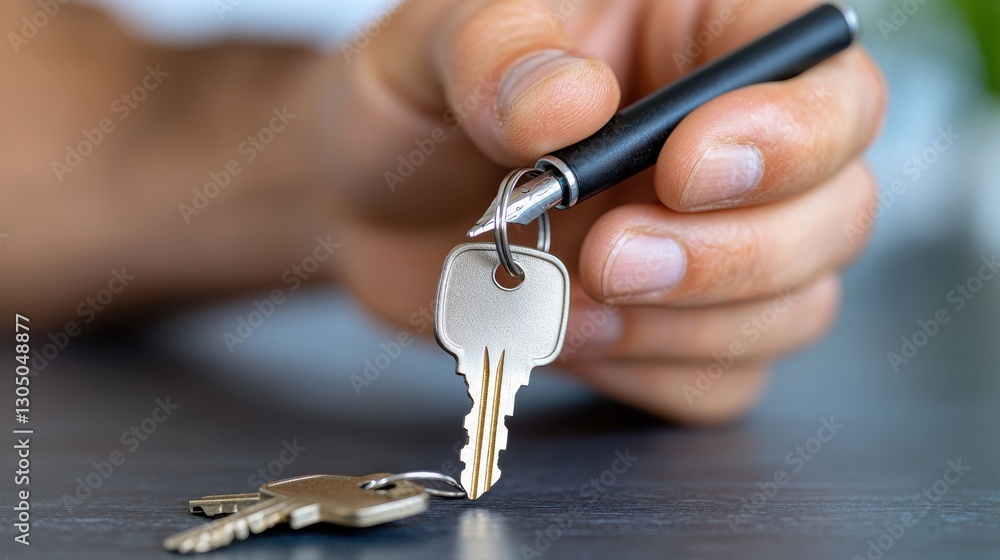 Poster close up view of a person s hand holding a set of metal keys with a keyring suggesting the concept o