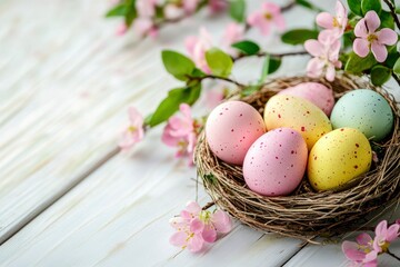 Colorful Easter eggs in a nest with spring flowers on a white wooden background, close-up. Happy Easter concept.