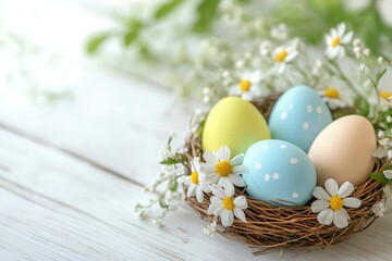 Colorful Easter eggs in a nest with spring flowers on a white wooden background, close-up. Happy Easter concept.