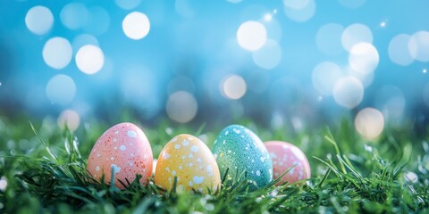 Colorful Easter eggs on the grass with a blue sky background.