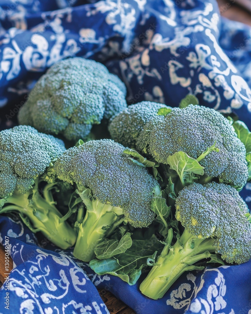 Poster fresh broccoli florets on a blue patterned cloth showcasing vibrant green hues and intricate texture