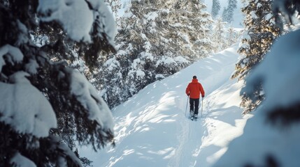 Solitary Skier in Red Jacket Navigating Pristine Snowy Forest Trail Among Snow-Covered Pines