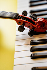 brown wooden graceful sexy lacquered violin, musical instrument lies on a gentle yellow background...
