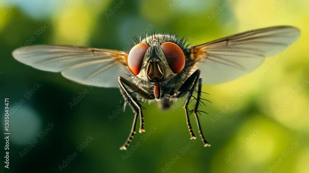 Poster close-up view of a fly in motion with vibrant green background highlighting detailed features and co