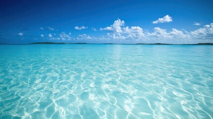 Tropical lagoon, calm water, blue sky, islands background