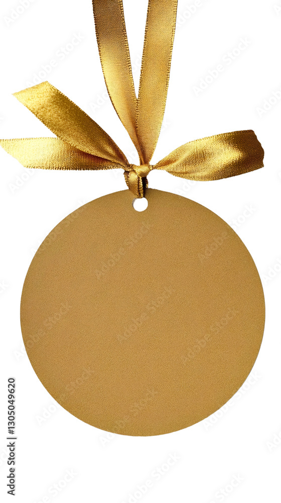Poster golden round label hanging from a knotted gold ribbon, perfect for adding a touch of elegance to des