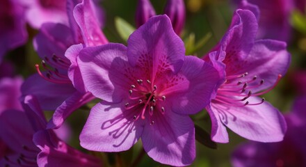 Blooming Azalea Flowers in Spring Sunlight with Vibrant Purple Petals