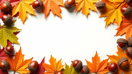 Fototapeta premium Leaves and acorns border frame with natural copy space for Thanksgiving concept as Crisp autumn leaves and acorns encircling frame for natural Thanksgiving message space in Photo Stock Concept and 
