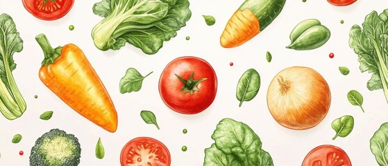 Vibrant Watercolor Vegetables Pattern on White Background Featuring Fresh Produce and Healthy Food Elements for Culinary Creations