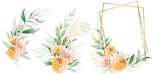 Frame and bouquets with yellow and orange watercolor roses and green leaves, isolated illustration