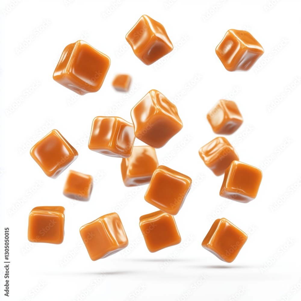 Poster delicious caramel cubes floating in air against a white background creating a sweet and tempting sce
