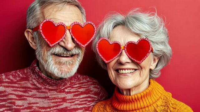 Close up of cute cheerful elderly grey haired man and elderly grey haired woman in heart shaped glasses on red background. They are looking at each other and smiling. They are having fun.