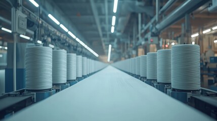 High-resolution video of a textile production line with white spools and yarn, showing how advanced machines create threads from cotton or silk in a modern manufacturing facility.