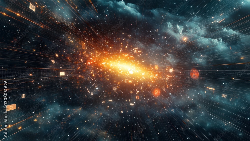 Poster stunning abstract cosmic scene with bright explosion of light and colorful particles in a dark space
