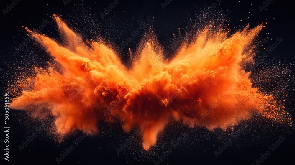 Poster dynamic orange powder explosion against dark backdrop creating abstract form and energy for artistic