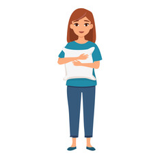 Fototapeta premium Cartoon woman, holding paper, blue shirt, business casual, illustration, vector graphics, colorful, modern style, office worker, female character, white background