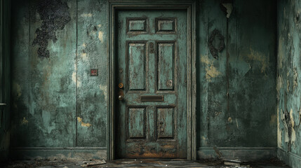 Closed door, outside the house, dark atmosphere.